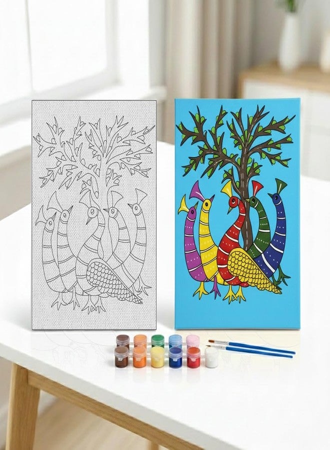 HOBBY INDIA مجموعة لوحة الرسم على القماش من هوبي إنديا للأطفال والكبار | هدية فنية وحرفية للأولاد والبنات | تصميمات فنية هندية يدوية الصنع جاهزة | ديكور للمنزل، غرفة النوم، غرفة المعيشة والمكتب (12 × 9 بوصة) (طاووس) - Image 1